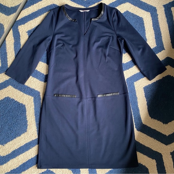 💙 CAMAIEU NAVY BLACK FAUX LEATHER TRIM CAPRI SLEEVE DRESS! - Picture 6 of 12